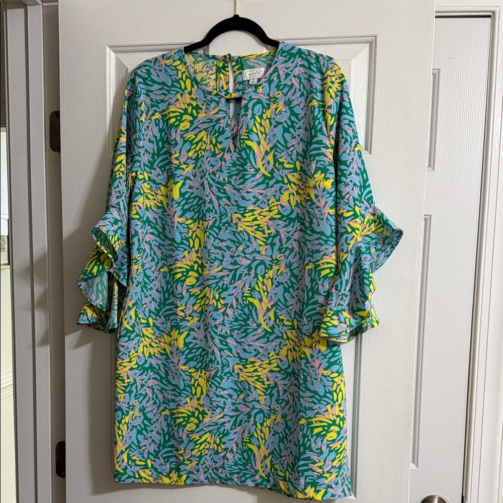 Mud Pie Colorful Floral Print 3/4 Sleeve Ruffle Keyhole Neck Dress Size Medium